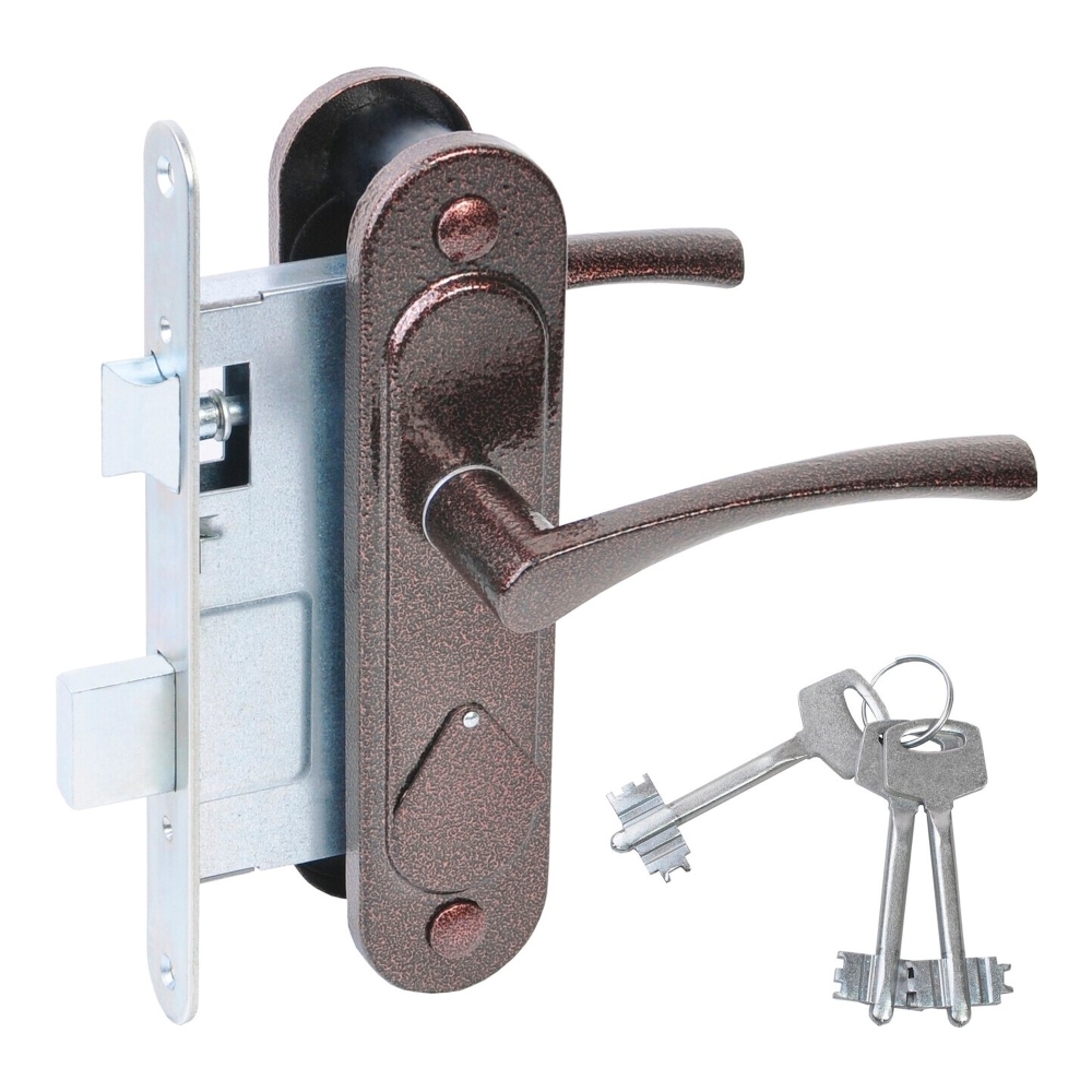 Фото Замок врезной сувальдный с защёлкой в комплекте с ручкой ЗВ9.2-07 (медь антик), 3 кл.